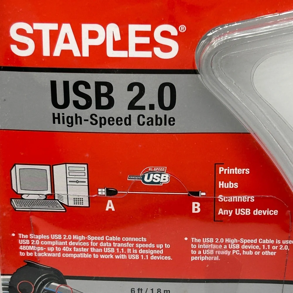 Staples USB 2.0 High Speed Cable 6 ft Black Includes 2 Cable Ties NEW IN PACKAGE